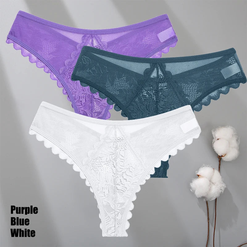 3Pcs/Set Sexy Lace Thongs Women Solid G-String Panties