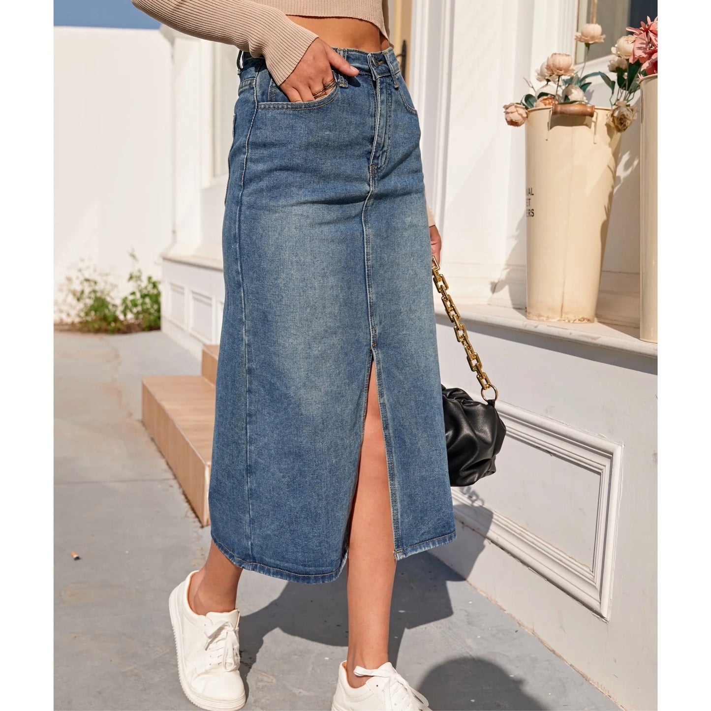 ZHISILAO New High Waist Straight Denim Skirt