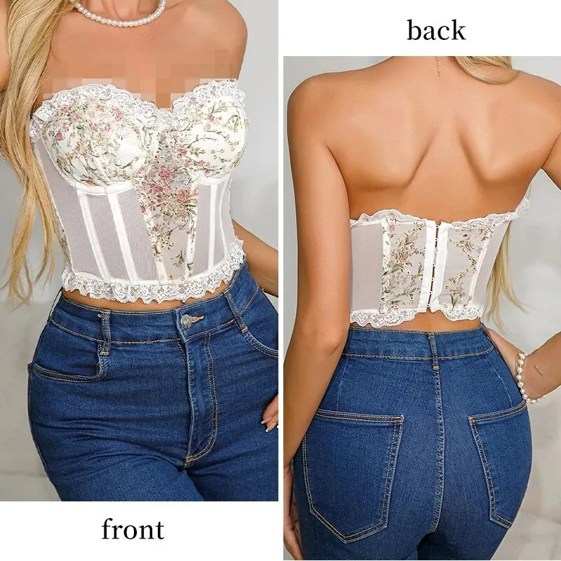 Women's White Lace Mesh Fish Bone Chest Flower Embroidered Bra