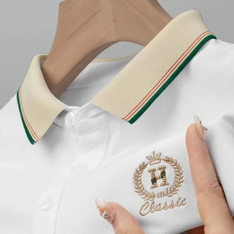 Weißes Poloshirt für Herren, bestickt, hochwertig, atmungsaktiv