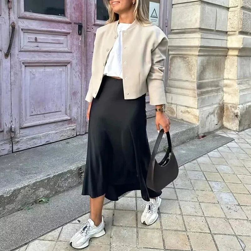 TRAF Satin Midi Women Skirt Mid Waist Folds Lady Skirt