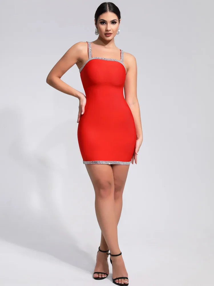 Luxury Sexy Summer Square Collar Red Crystal Mini Dress
