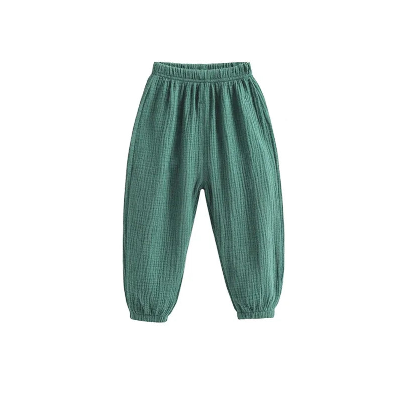 Summer Boys Cotton Linen Solid Color Loose Pleated Pant