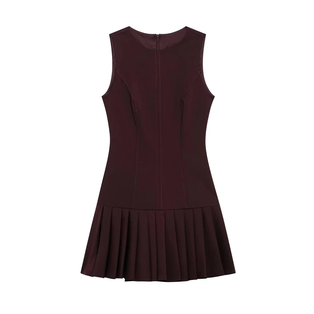 TRZA Women's Sleeveless Pleated Mini Dress O-Neck Back Zipper