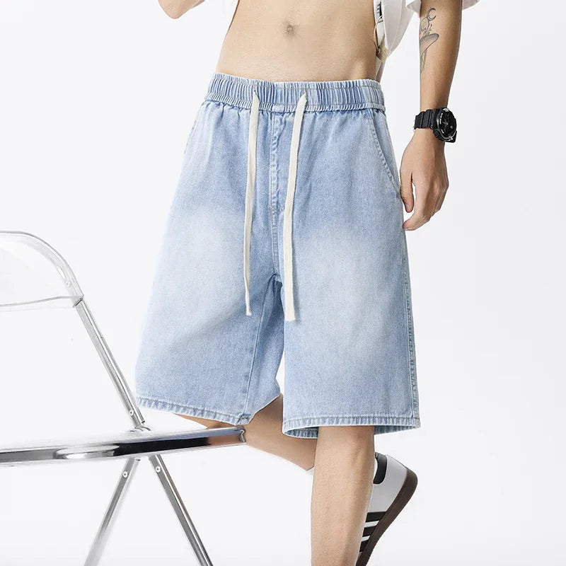 Thin Retro Casual Denim Shorts Soft Comfortable Stretchy Loose Drawstring