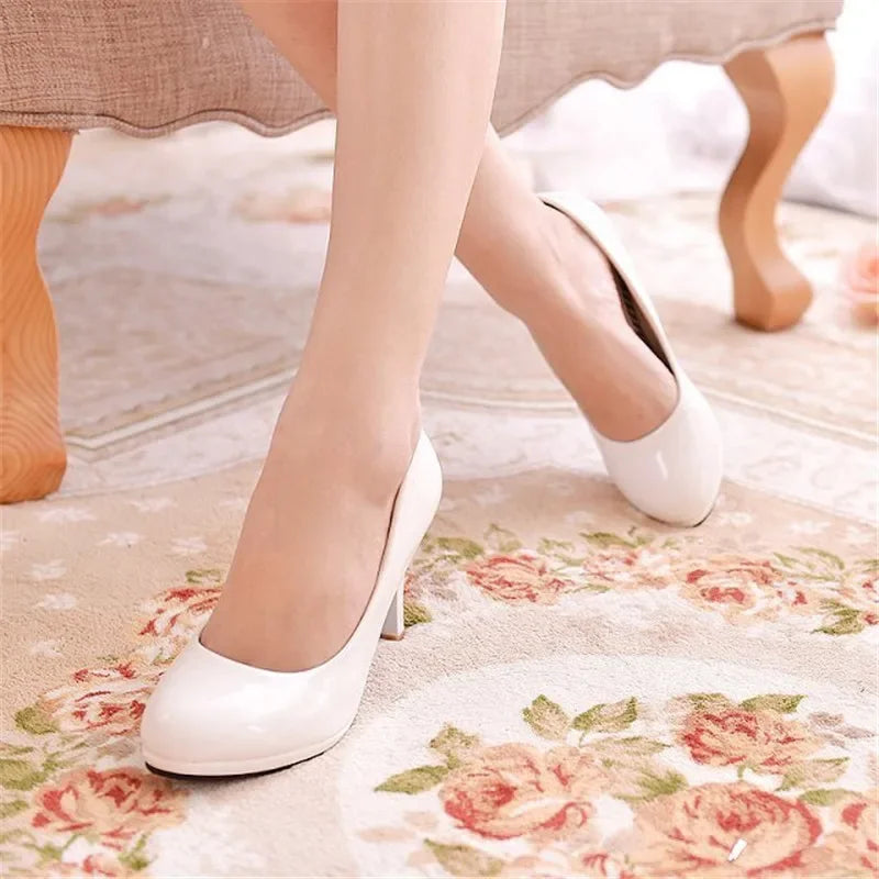 Women PU Leather Shallow Slip-On Round Toe High heels