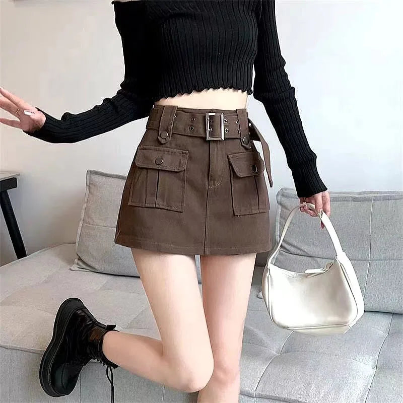 Lucyever High Waist Mini Skirt with Belt Short Culotte Skirt