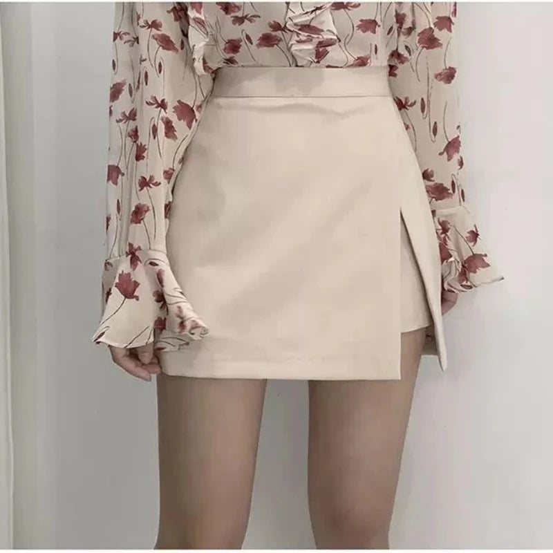 Mini Skirts Women Irregular Solid Side-slit Stretchy Style Trendy Chic