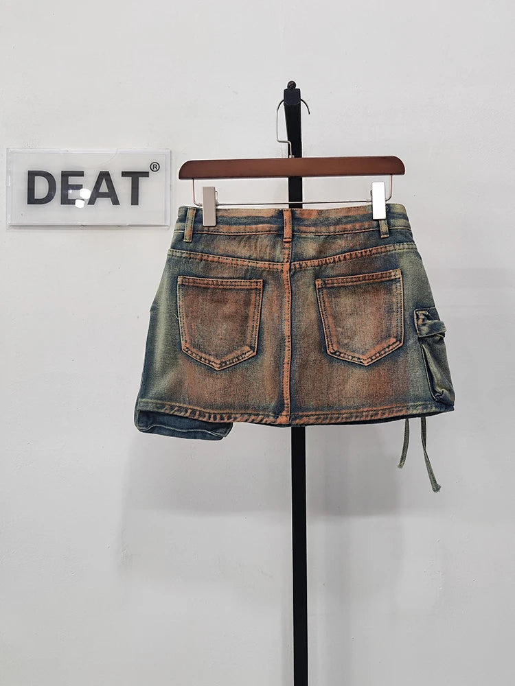 DEAT Denim Skirts Multiple Pockets Patchwork Washed A-line Mini Skirt