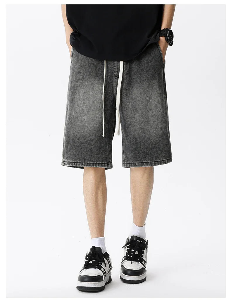 Thin Retro Casual Denim Shorts Soft Comfortable Stretchy Loose Drawstring
