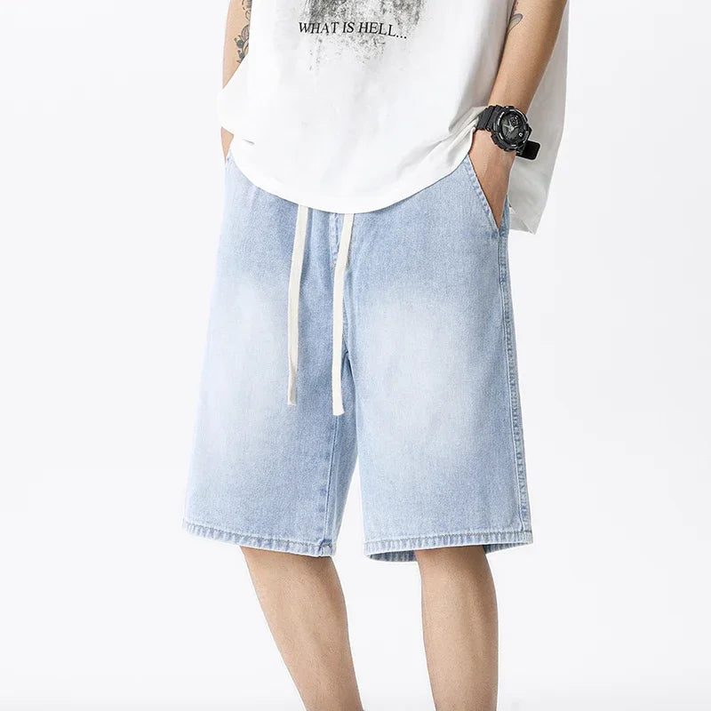 Thin Retro Casual Denim Shorts Soft Comfortable Stretchy Loose Drawstring