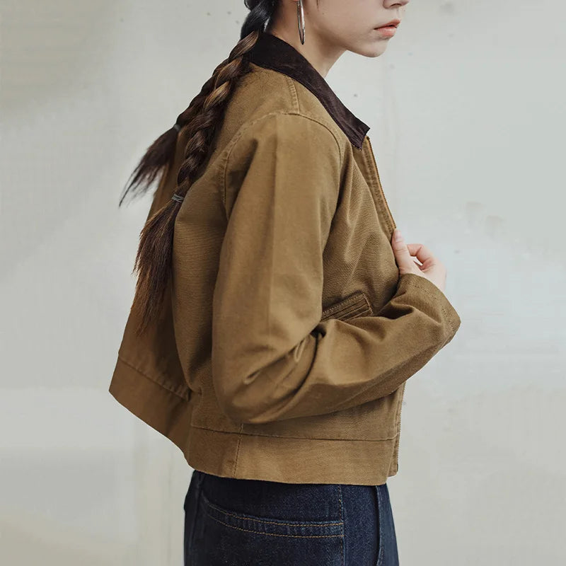 Women Vintage Turn-down Collar Workwear Jacket