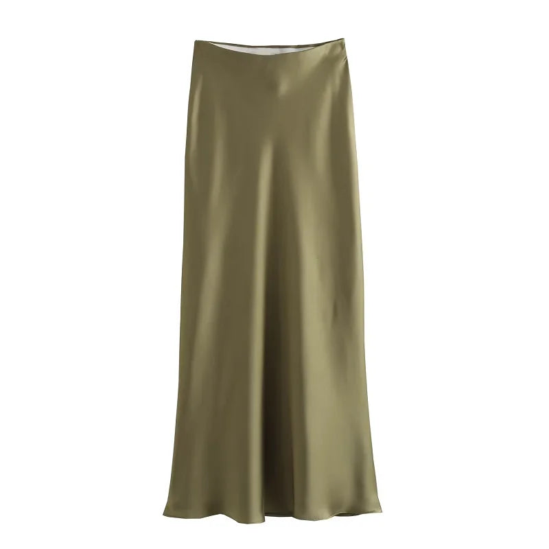 TRAF Satin Midi Women Skirt Mid Waist Folds Lady Skirt