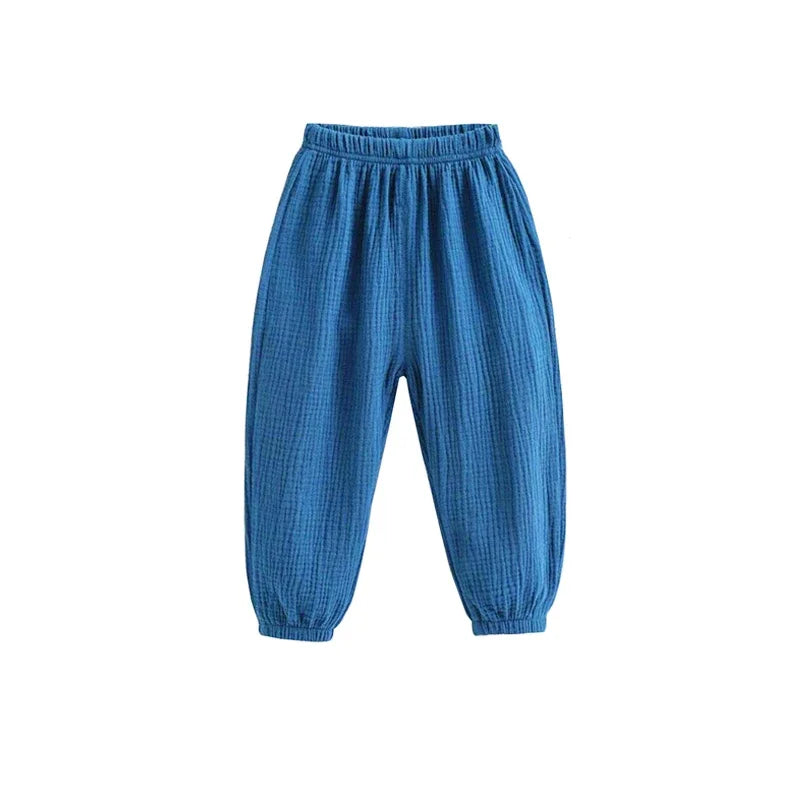 Summer Boys Cotton Linen Solid Color Loose Pleated Pant