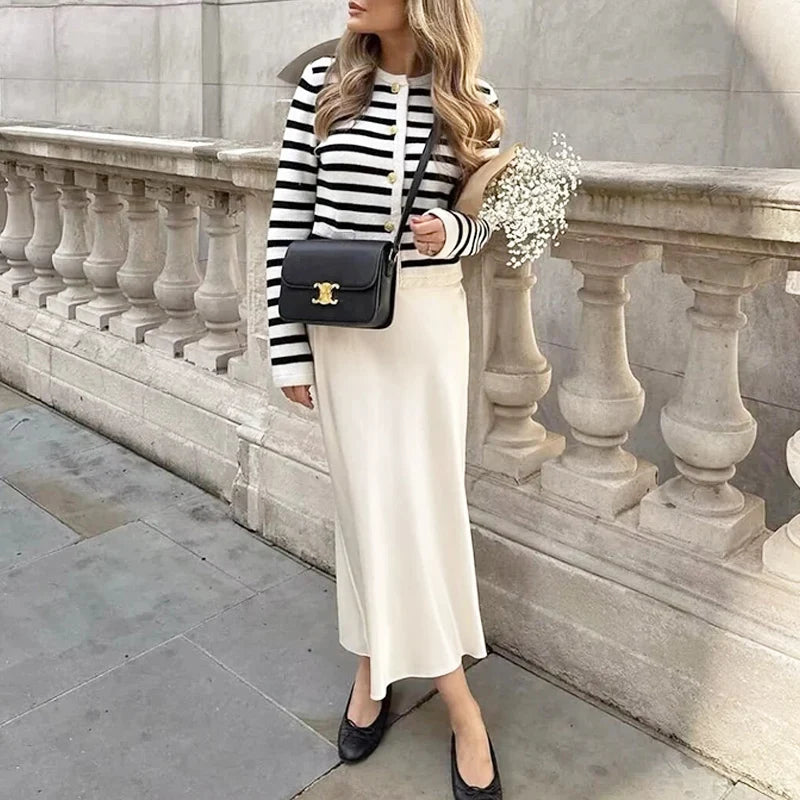TRAF Satin Midi Women Skirt Mid Waist Folds Lady Skirt