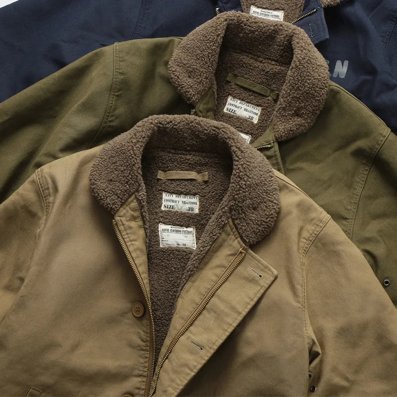 Khakifarbene Retro-Lammwolljacke für Herren