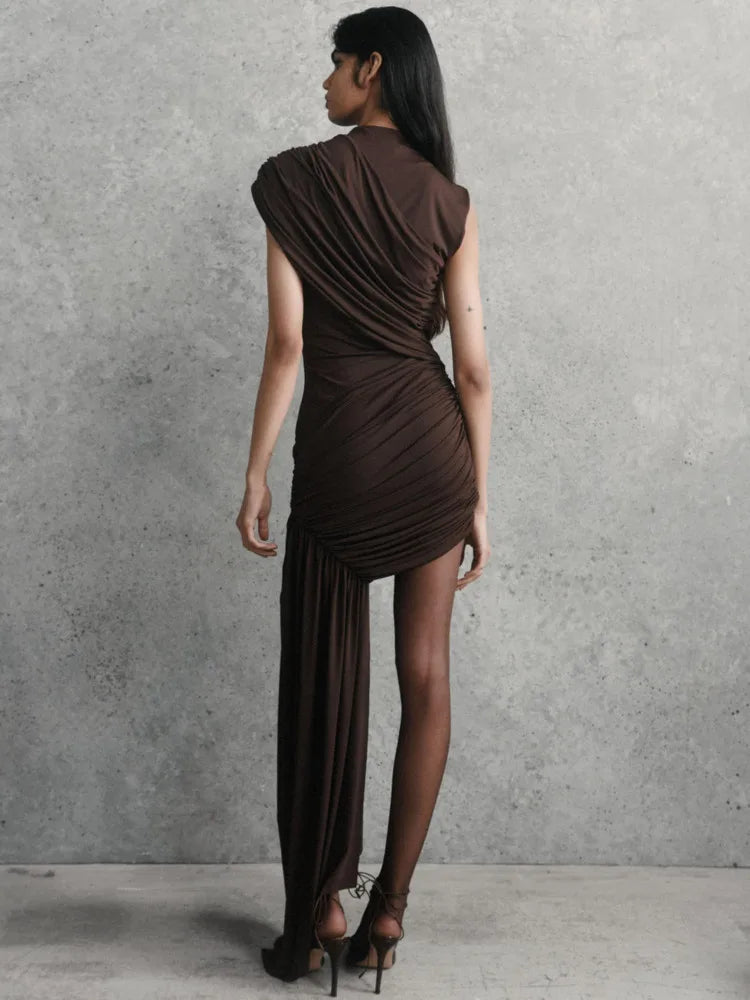 Mozision Irregular Draped Ruched Sexy Mini Turtleneck Sleeveless High Waist Pleated Club Party Dress