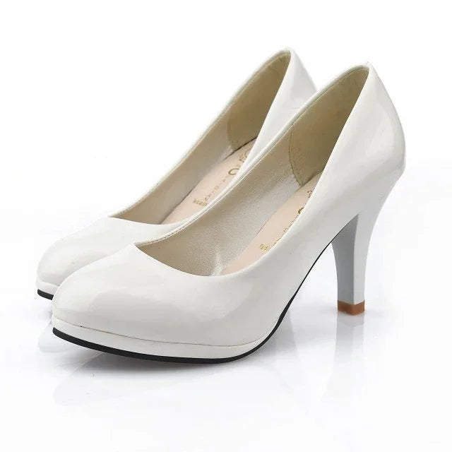 Women PU Leather Shallow Slip-On Round Toe High heels