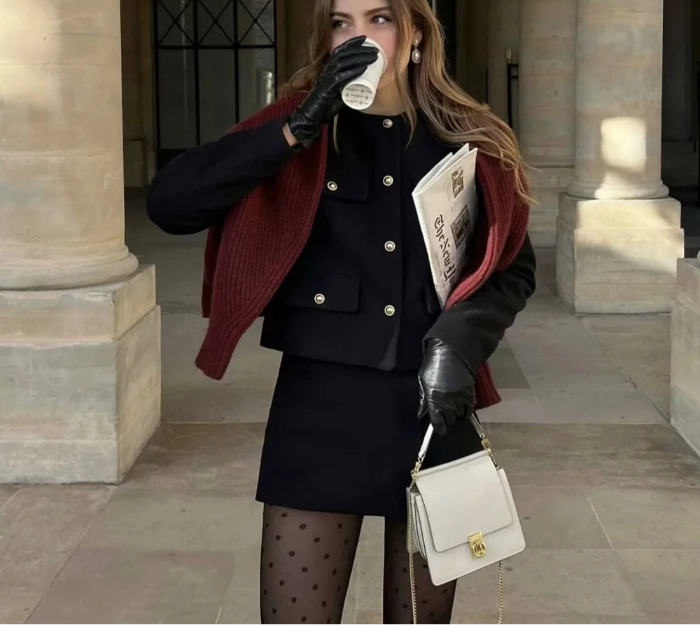 New Fashion Solid Pockets O Neck Single Breasted Elegant Chic Short Jackets