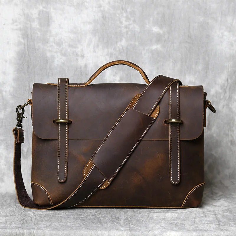 Men's Top Layer Cowhide Briefcase Crazy Horse Leather Bag