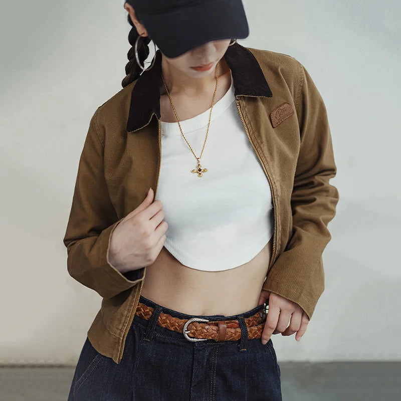 Women Vintage Turn-down Collar Workwear Jacket