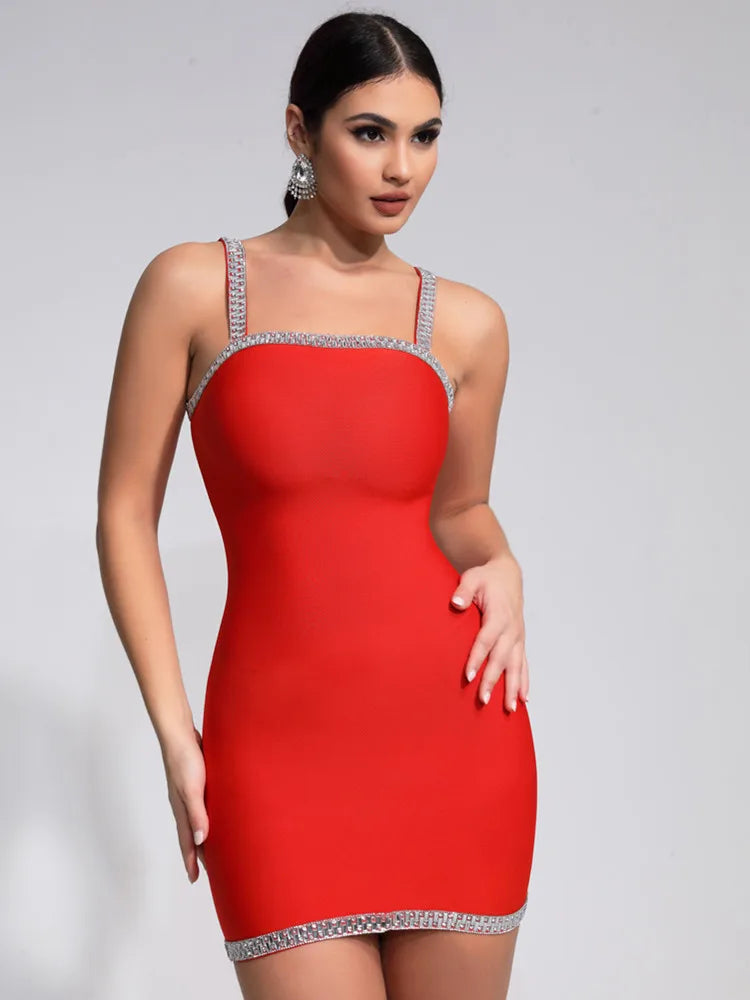 Luxury Sexy Summer Square Collar Red Crystal Mini Dress