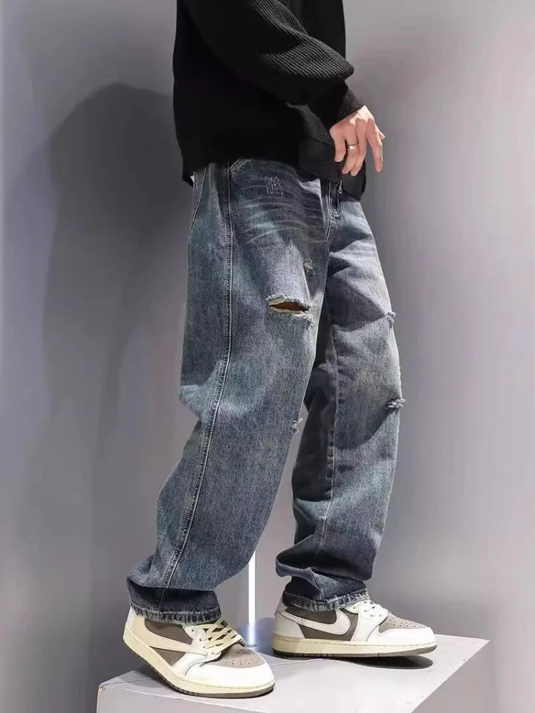 New Men's Baggy Straight Fashion Vintage Blue Denim Pants
