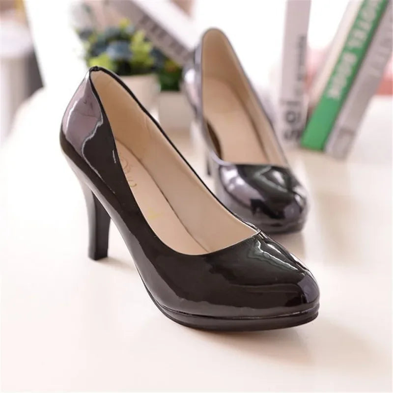 Women PU Leather Shallow Slip-On Round Toe High heels