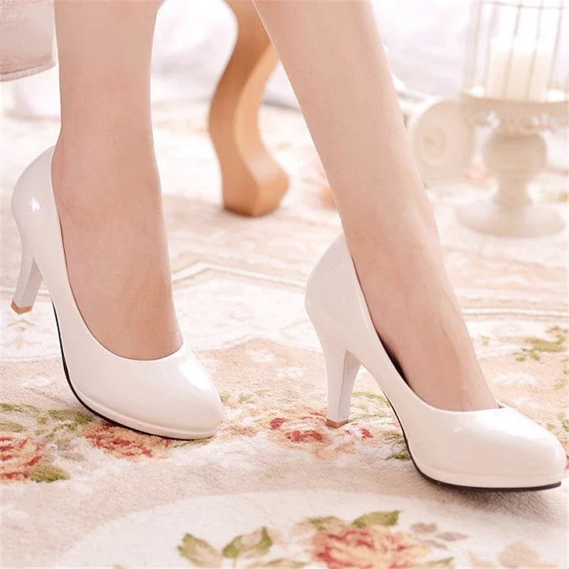 Women PU Leather Shallow Slip-On Round Toe High heels