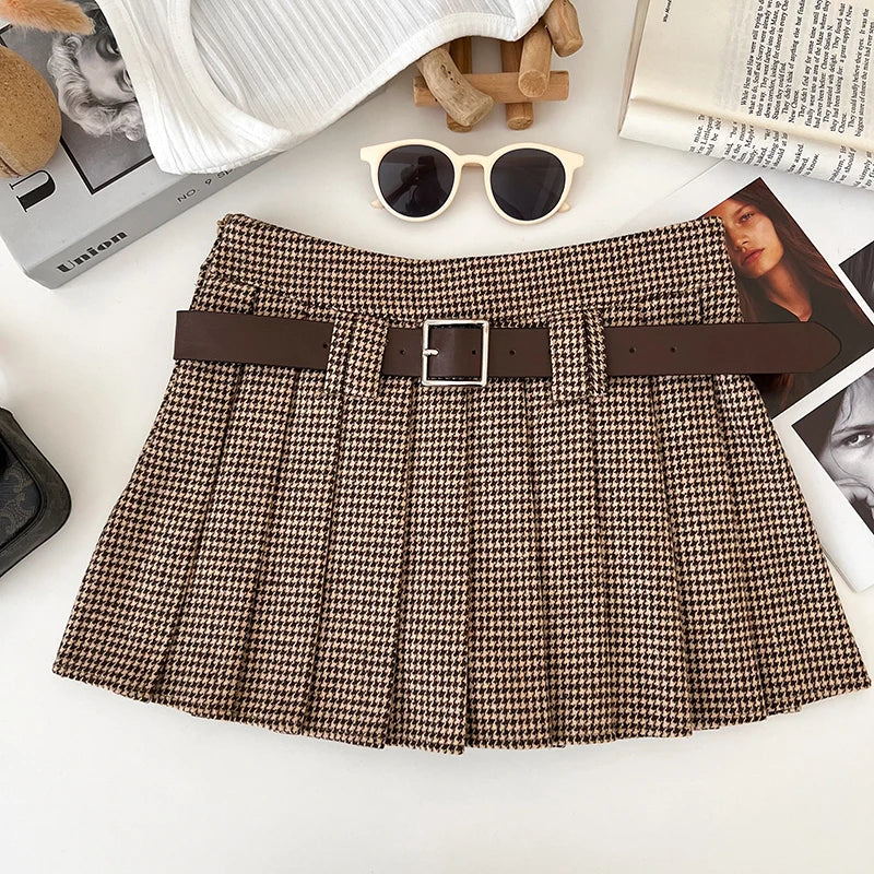 Y2K Low Rise Houndstooth Mini Skirt with Belt Woolen Pleated Mini