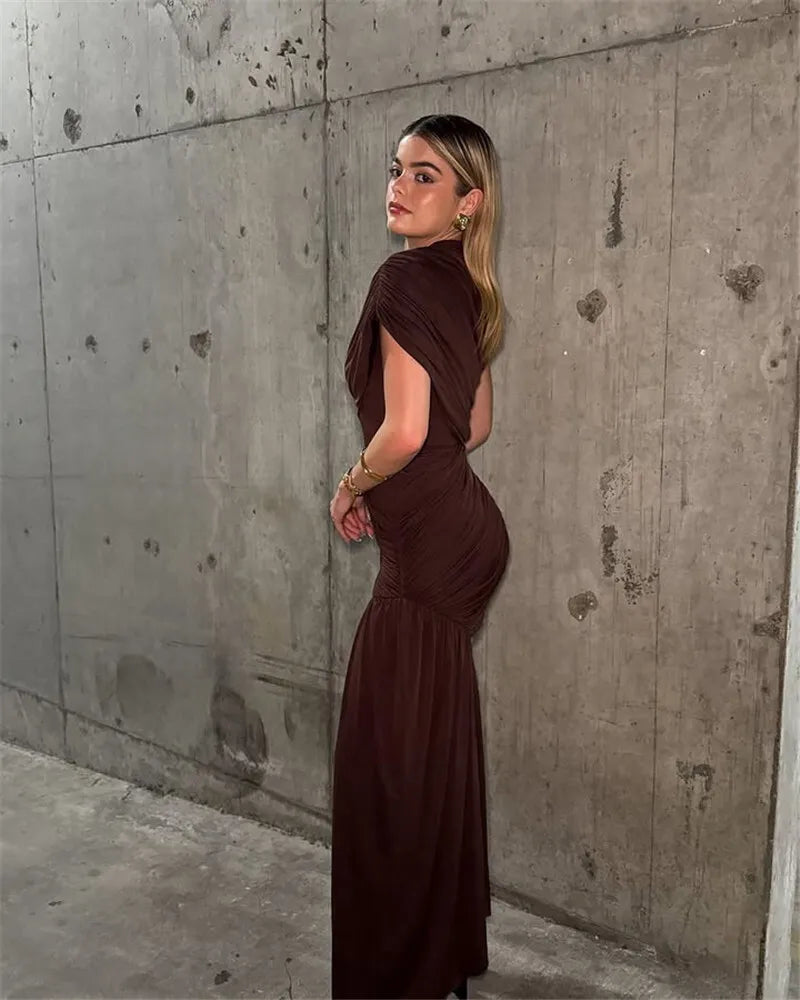 Mozision Irregular Draped Ruched Sexy Mini Turtleneck Sleeveless High Waist Pleated Club Party Dress
