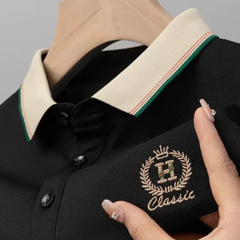 Weißes Poloshirt für Herren, bestickt, hochwertig, atmungsaktiv