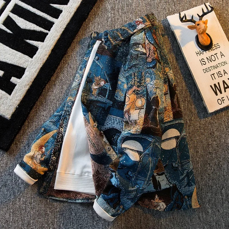 Men's Long-sleeved Vintage Retro Oil Painting Buttons Shirts