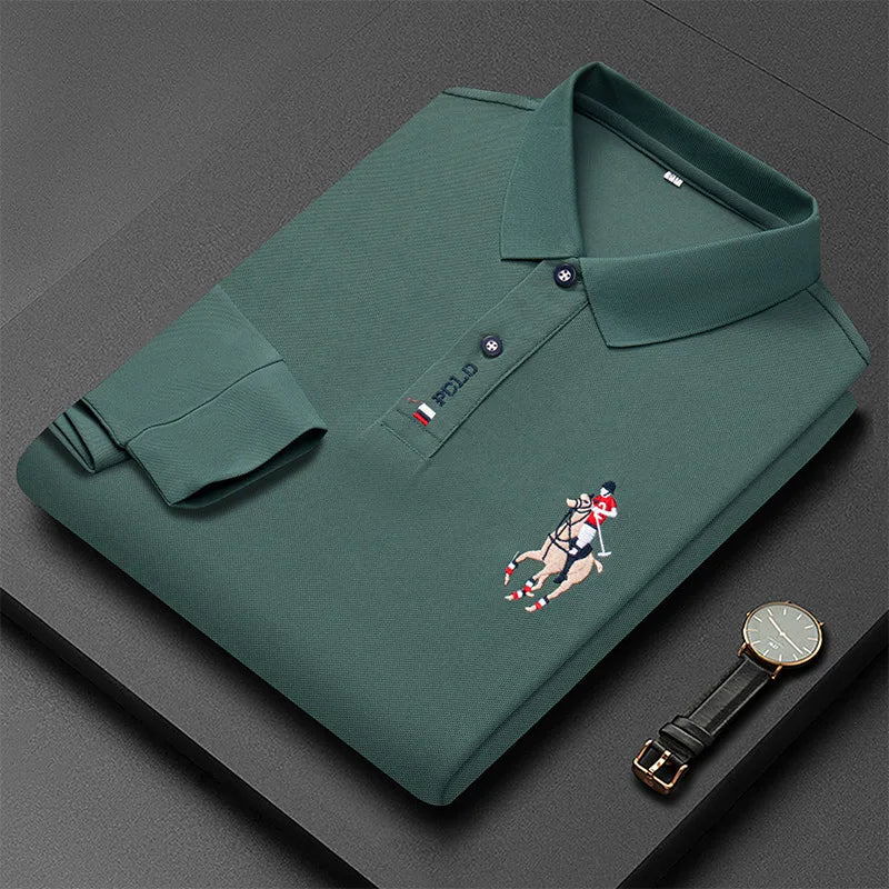 Besticktes Langarm-Poloshirt für Herren in Volltonfarbe