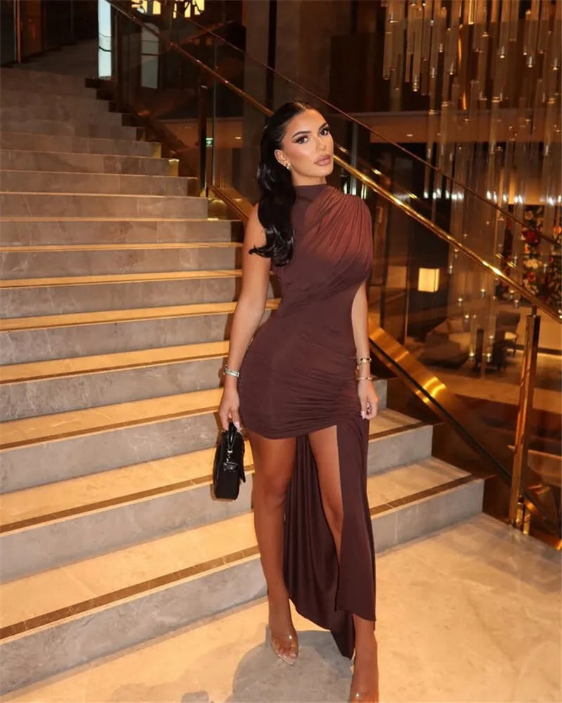 Mozision Irregular Draped Ruched Sexy Mini Turtleneck Sleeveless High Waist Pleated Club Party Dress