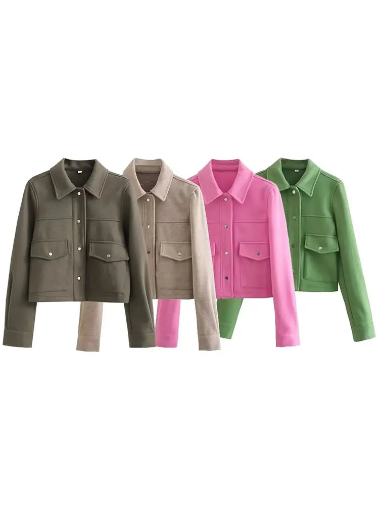 Womens Autumn Fashion Solid Front Pockets Button Long Sleeve Jacket