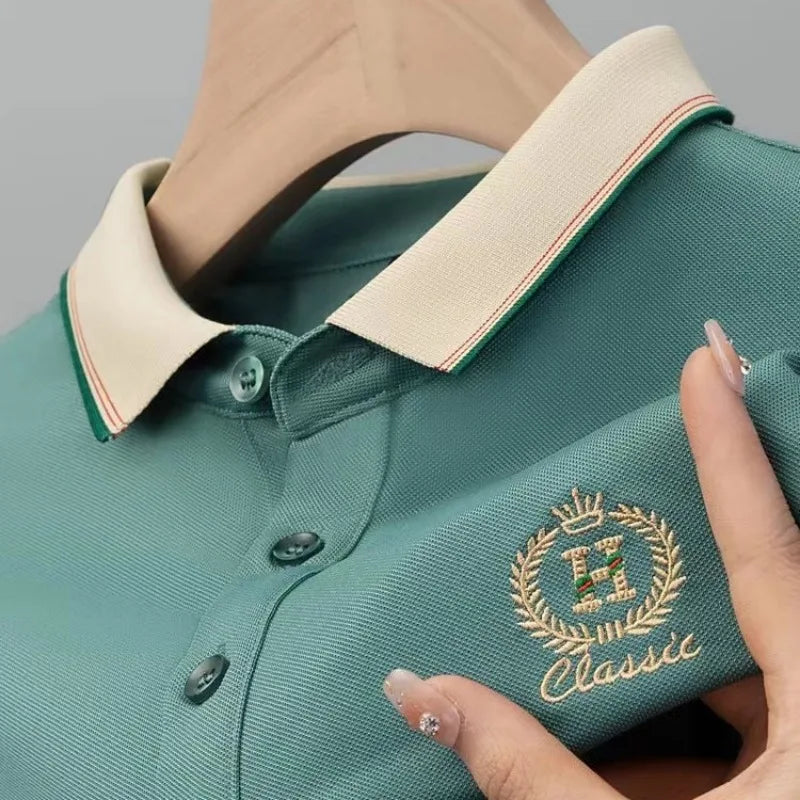 Weißes Poloshirt für Herren, bestickt, hochwertig, atmungsaktiv