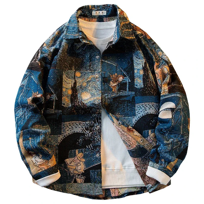 Men's Long-sleeved Vintage Retro Oil Painting Buttons Shirts