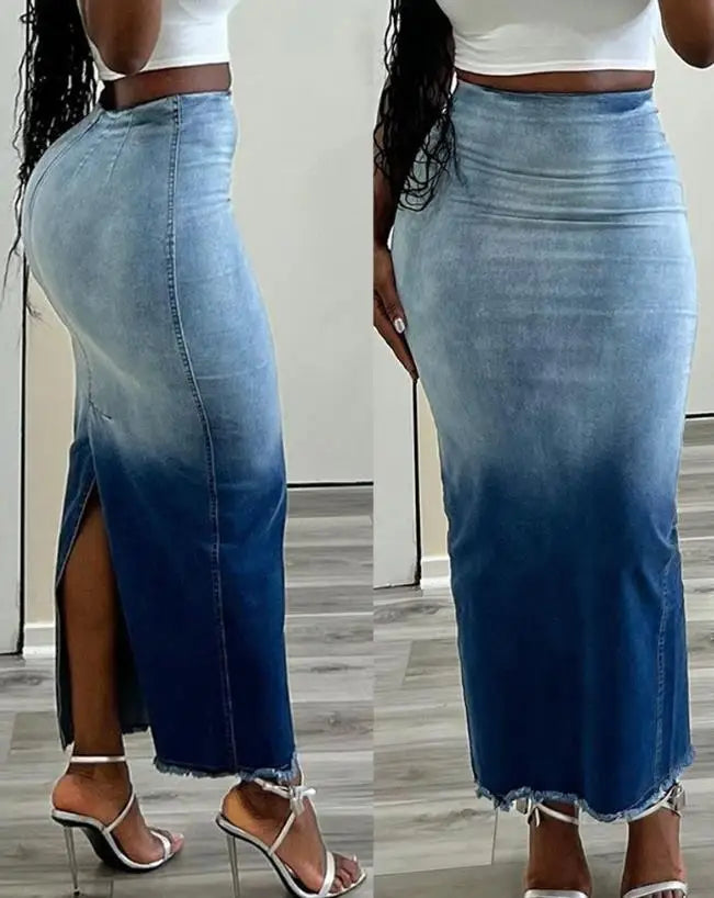 Women Tie Dye Print Raw Hem Denim Skirts