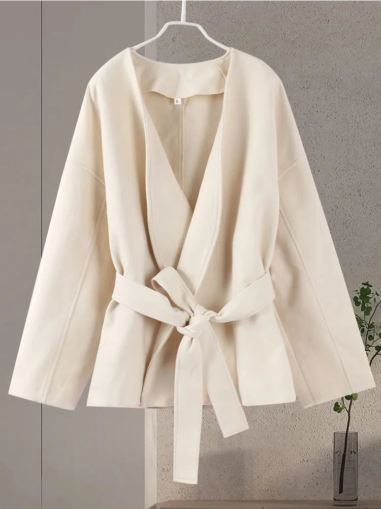 Women Casual Lace Up V-neck Long Sleeve Solid Jacket