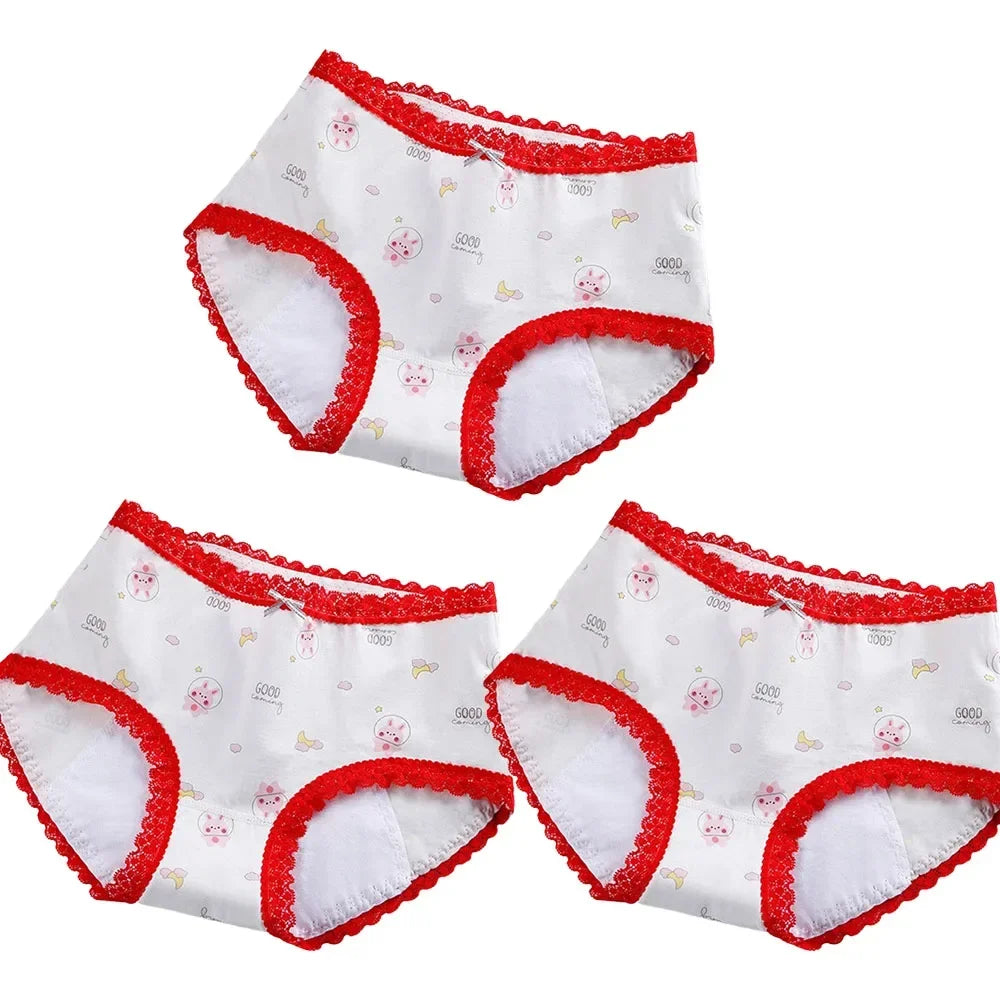 Girls Mid Waist Bear Cotton Period Briefs Soft Underwear