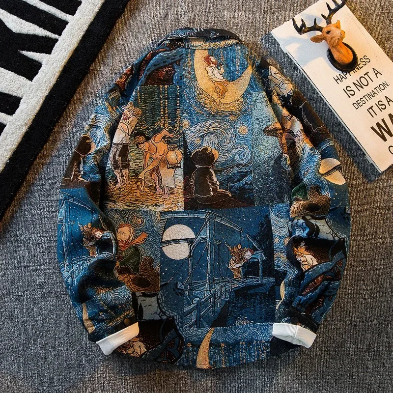 Men's Long-sleeved Vintage Retro Oil Painting Buttons Shirts