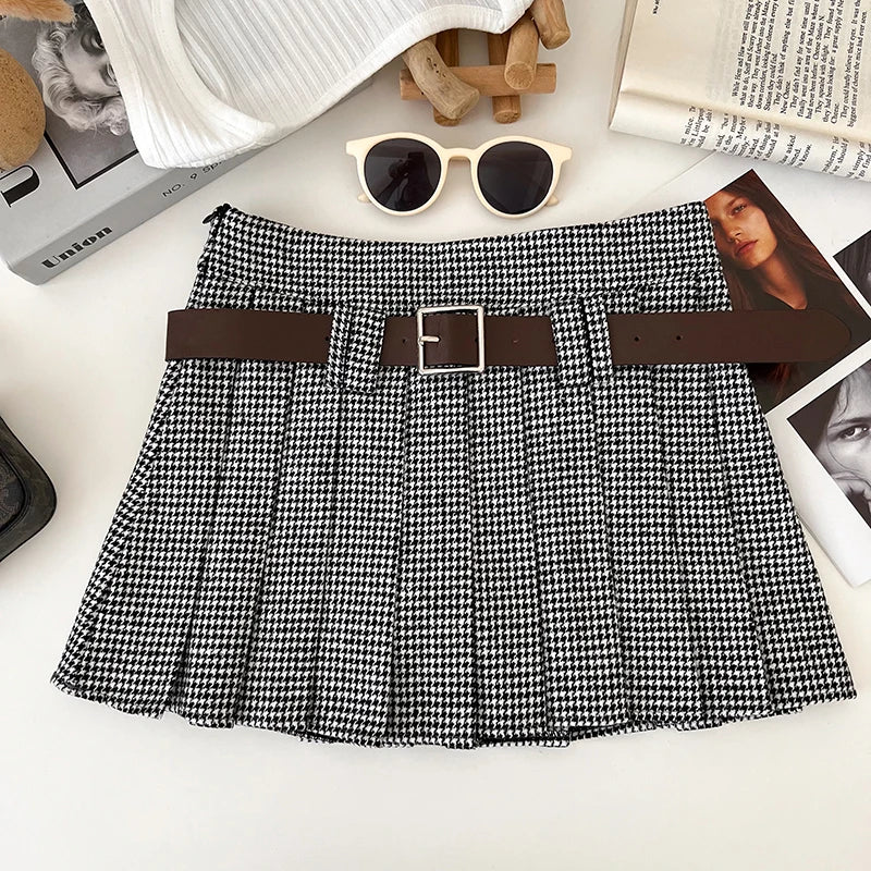Y2K Low Rise Houndstooth Mini Skirt with Belt Woolen Pleated Mini