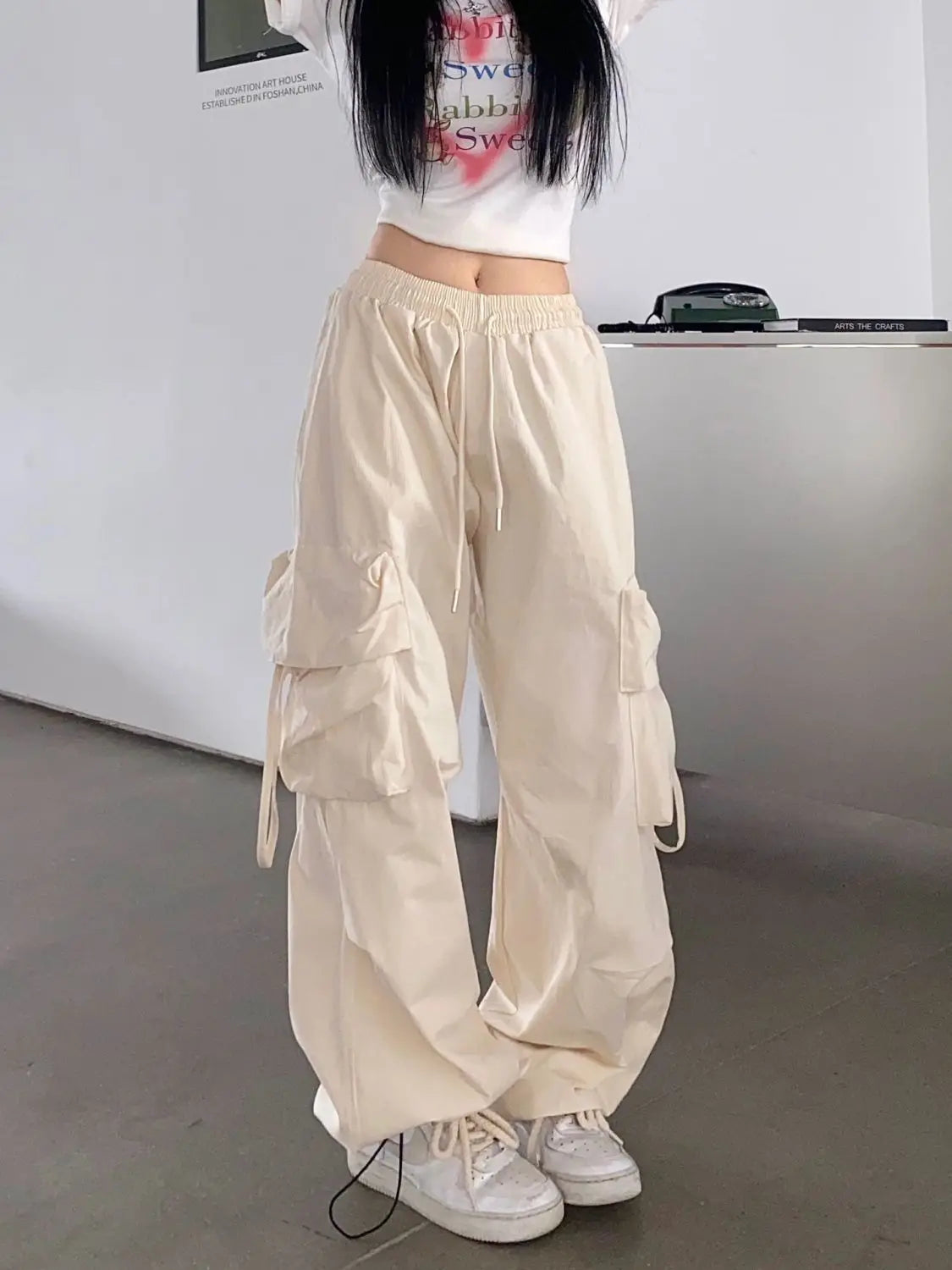 Koreanische Mode Kpop Beige Cargohose