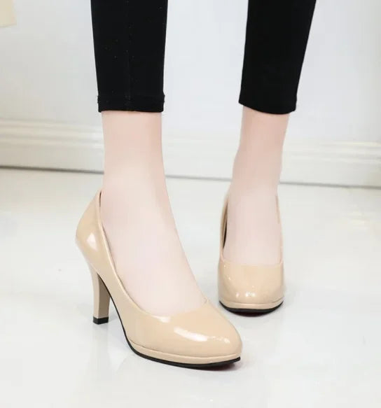 Women PU Leather Shallow Slip-On Round Toe High heels