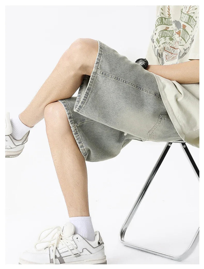 Thin Retro Casual Denim Shorts Soft Comfortable Stretchy Loose Drawstring