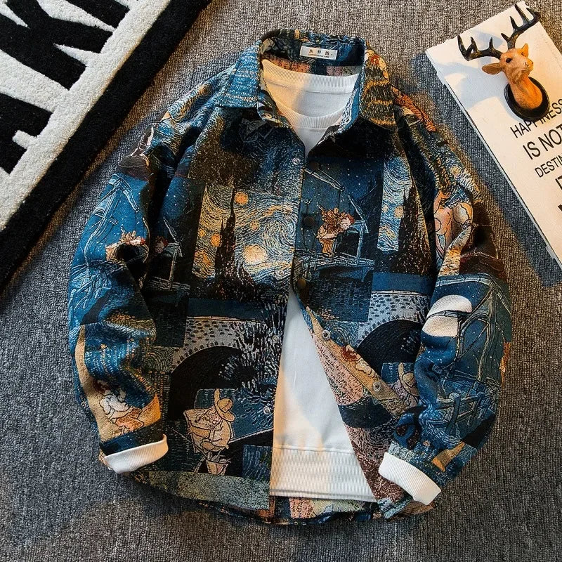 Men's Long-sleeved Vintage Retro Oil Painting Buttons Shirts
