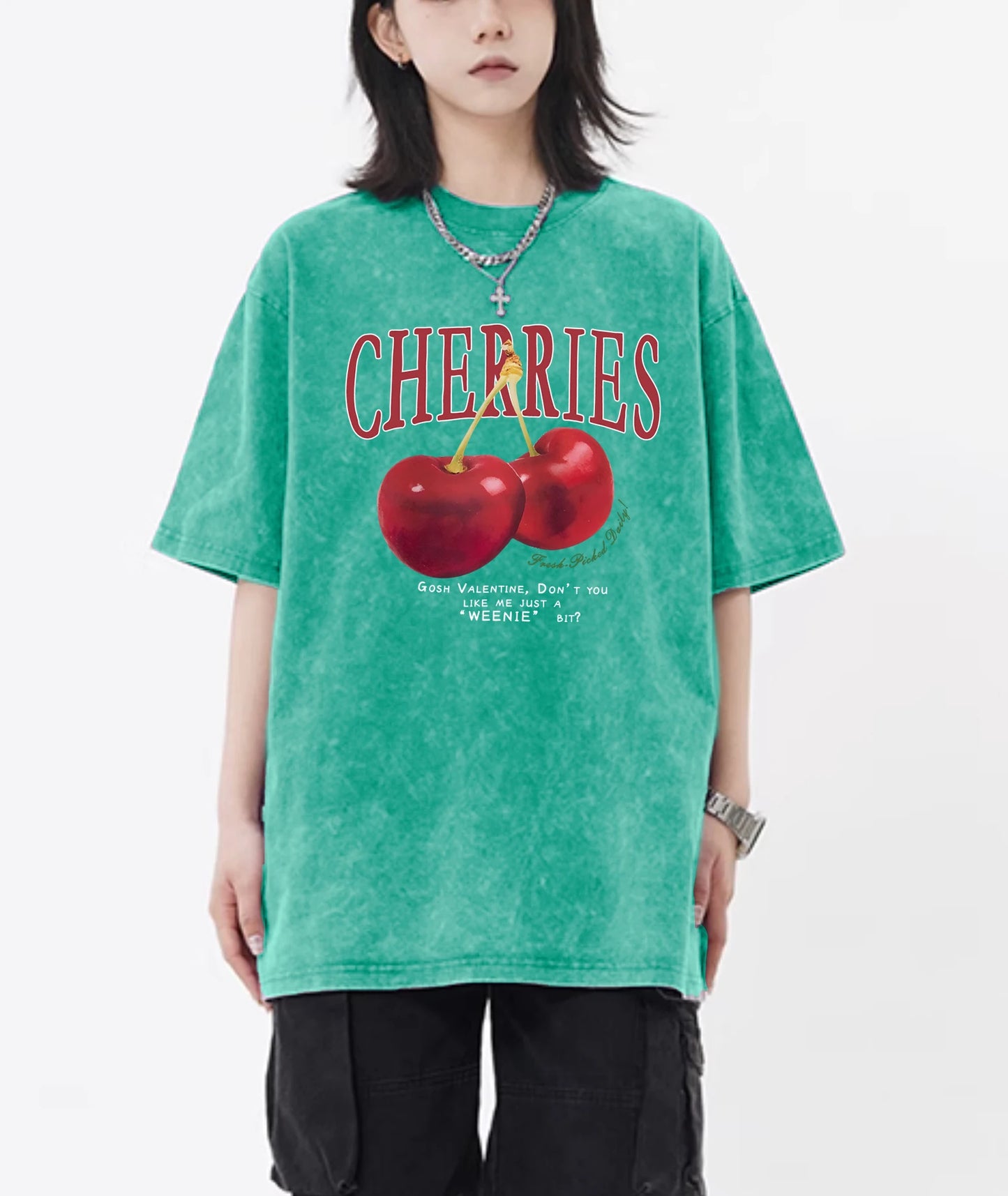 Cherry And Letter Pattern Snow Wash Top