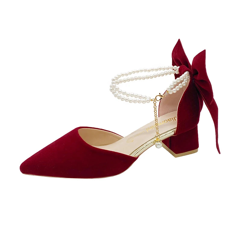 Damen Dicke Pumps Trend Rot Wildleder Perlen Schnalle High Heels