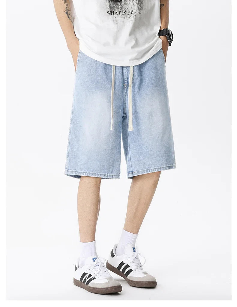 Thin Retro Casual Denim Shorts Soft Comfortable Stretchy Loose Drawstring